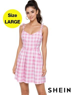 2/for $20 🪩 SHEIN Pink Gingham Tie-Shoulder Midi Dress 💓 (Women’s Size Large)